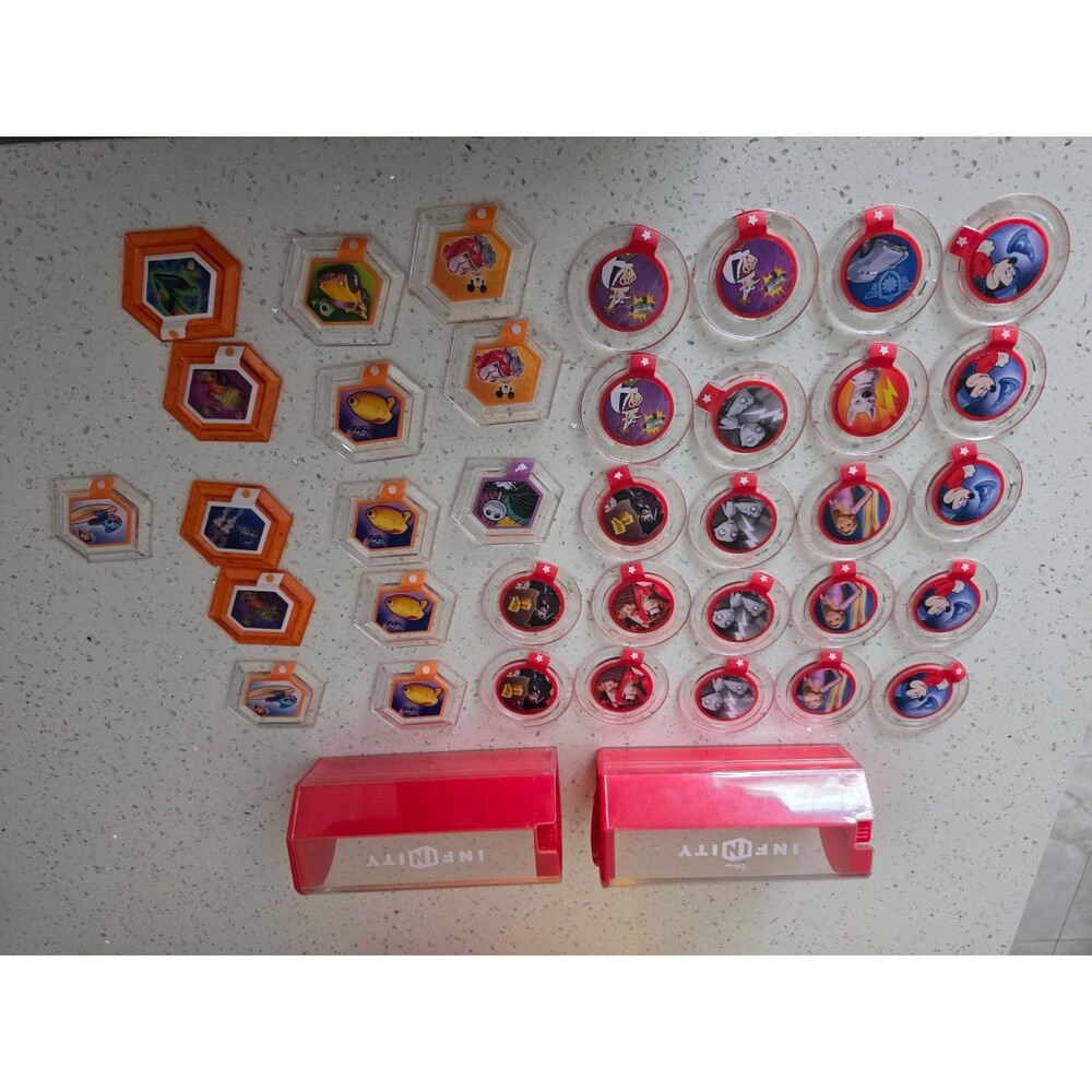 Disney Infinity Power Discs Lot of 46 + 2 Official Storage Cases Disney 1.0 2.0
